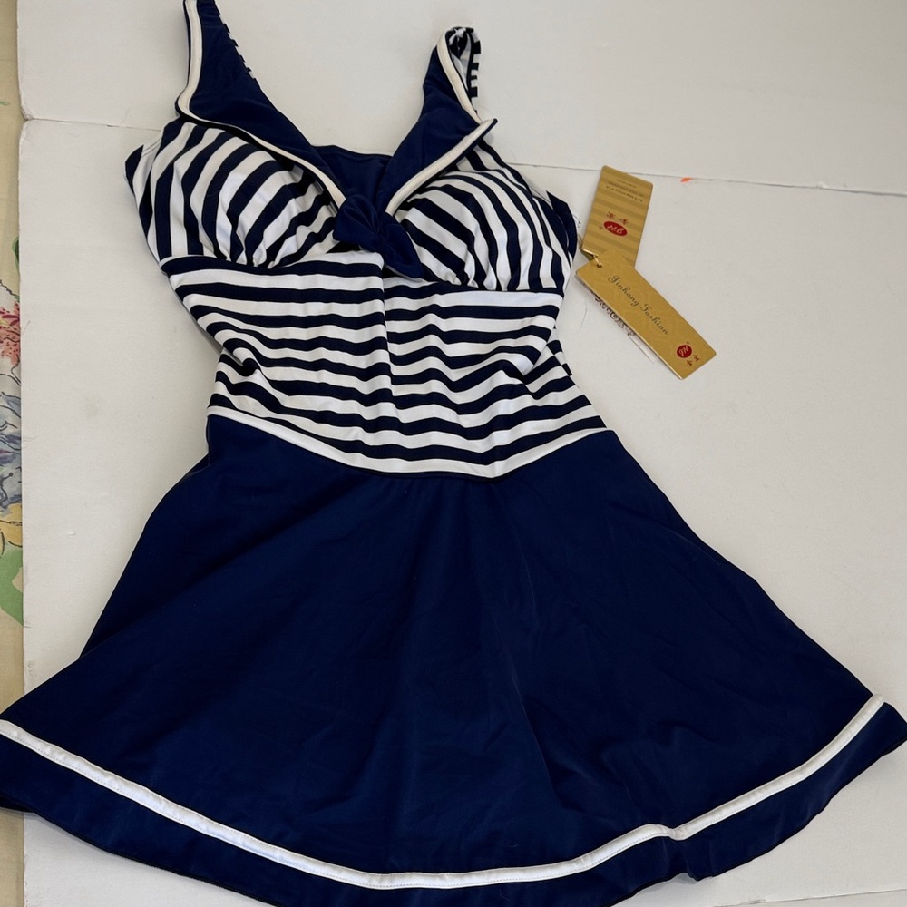 Navy and White Striped  Women Swim Dress